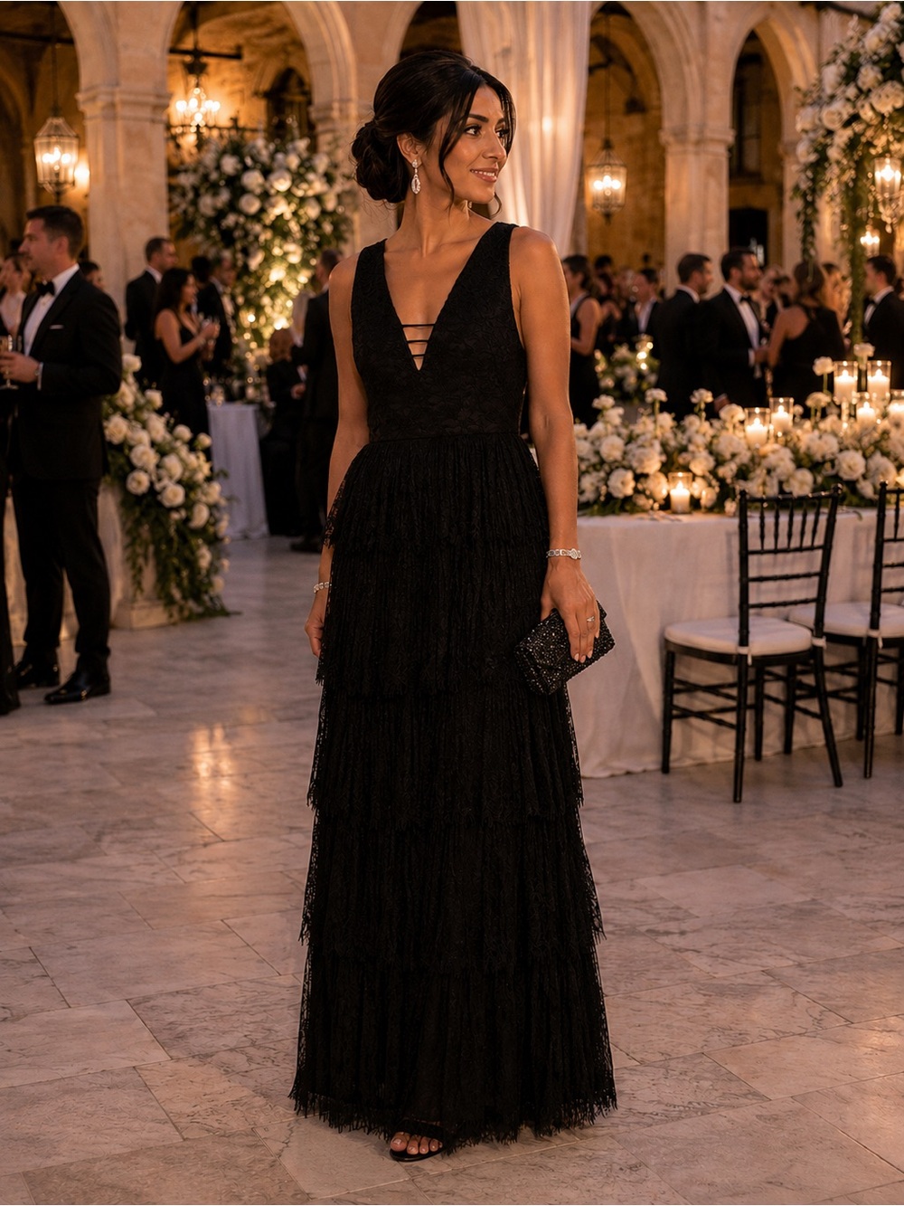 Alice + Olivia 0 XS Tiered Lace Long Gown Black Sleeveless Formal Maxi Dress